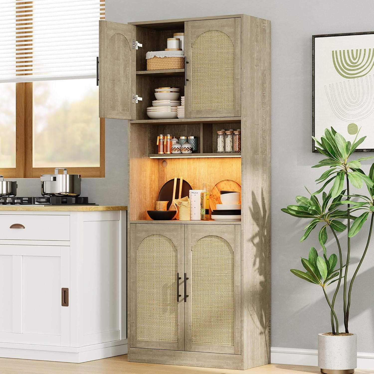 Garvee 71" Tall Kitchen Pantry Storage Cabinet with RGB Lights, Freestanding Pantry Cabinet with Microwave Shelf, Minimalist Hutch for Dining Room, Bathroom, Living Room, Oak