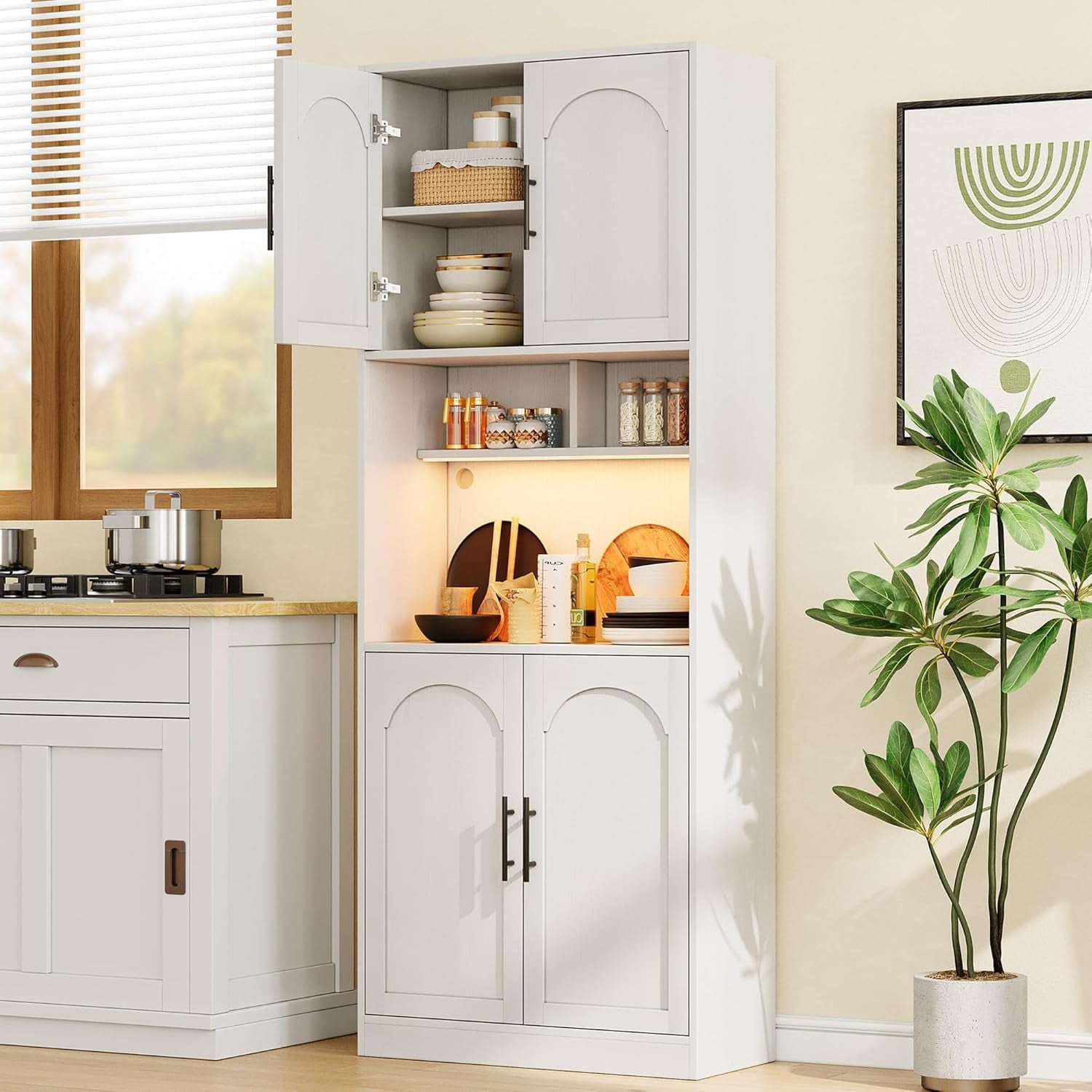 Garvee 71" Tall Kitchen Pantry Storage Cabinet with RGB Lights, Freestanding Pantry Cabinet with Microwave Shelf, Minimalist Hutch for Dining Room, Bathroom, Living Room, White