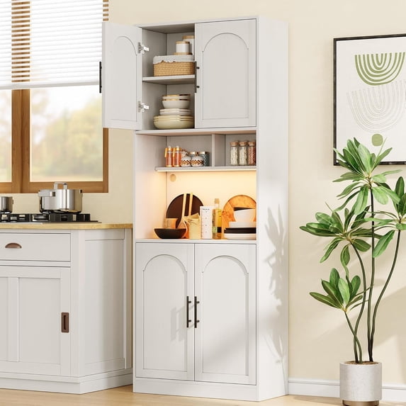 Garvee 71" Tall Kitchen Pantry Storage Cabinet with RGB Lights, Freestanding Pantry Cabinet with Microwave Shelf, Minimalist Hutch for Dining Room, Bathroom, Living Room, White