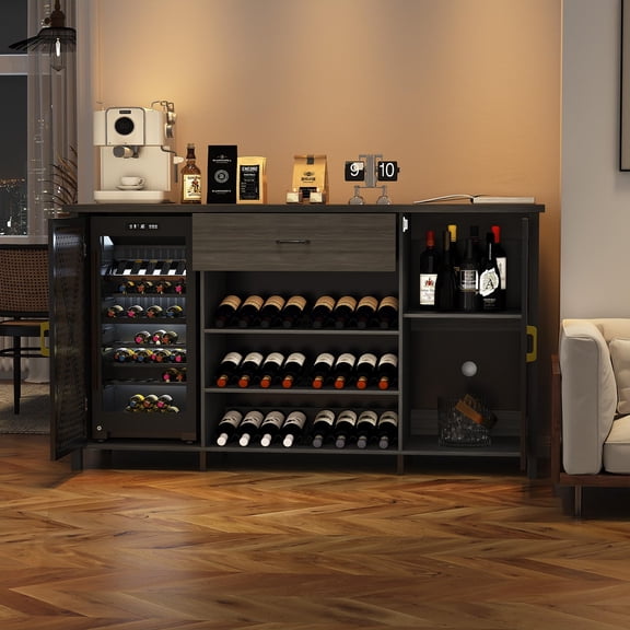 Garvee 71in Large Wine Liquor Cabinet, Modern Wood Metal Sideboard Buffet Coffee Bar Cabinet with Rack Fridge Space and Drawer Storage for Kitchen Dining Room