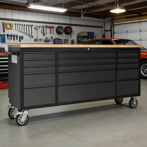 Garvee 72" Rolling Workbench, Heavy Duty Tool Chest Workbench with 15 Drawers and Locking System for Garage, Warehouse, Black