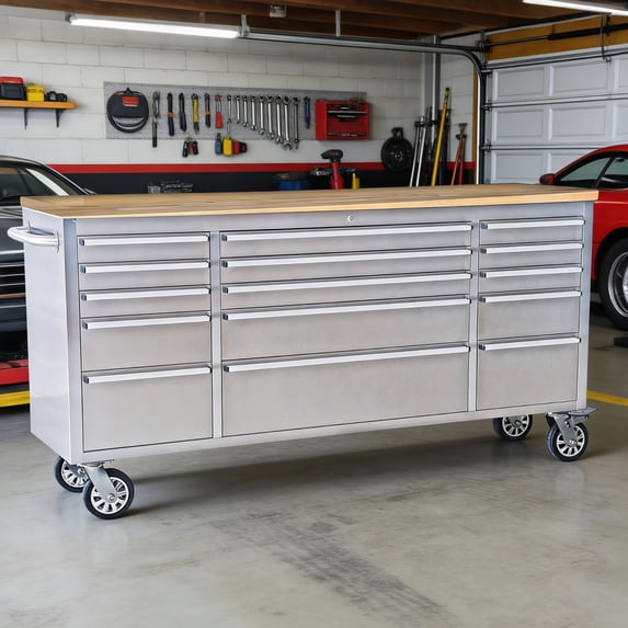 Garvee 72" Rolling Workbench, Heavy Duty Tool Chest Workbench with 15 Drawers and Locking System for Garage, Warehouse, Silver