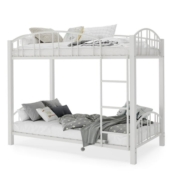Garvee 77.8"x41.7"x61.5" Metal Bunk Bed Frame,Twin Over Twin, Arched Guardrail,Safety Ladder,White