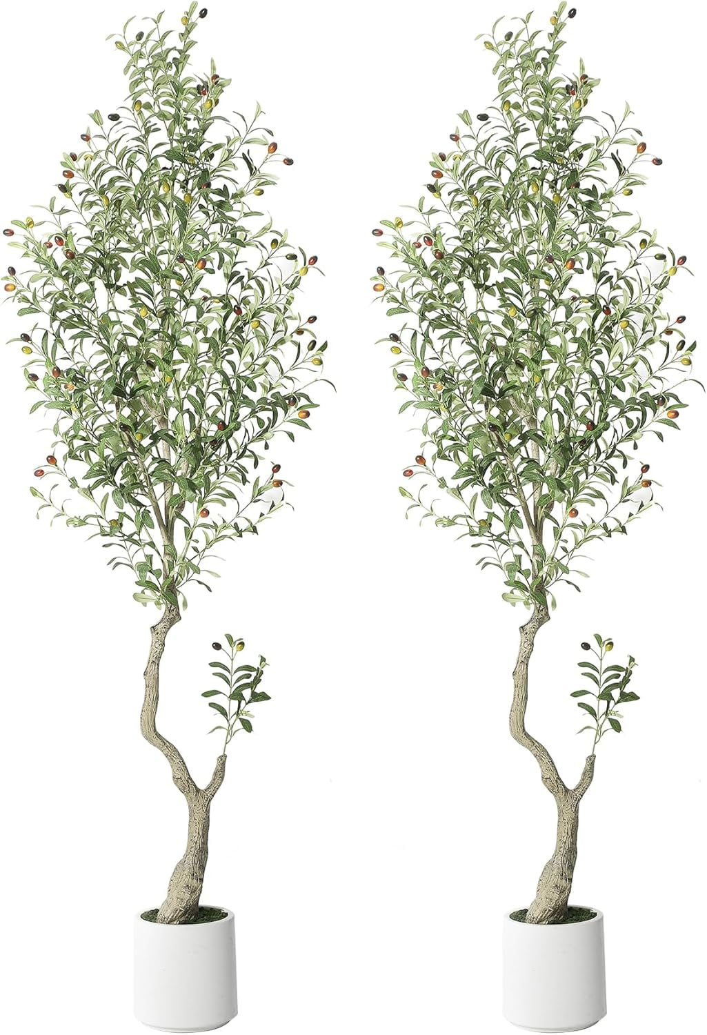 Garvee 7FT Artificial Olive Tree with White Planter & Green Faux Moss – Tall Faux Olive Plant for Home, Office, Living Room & Entryway Decor, Set of 2
