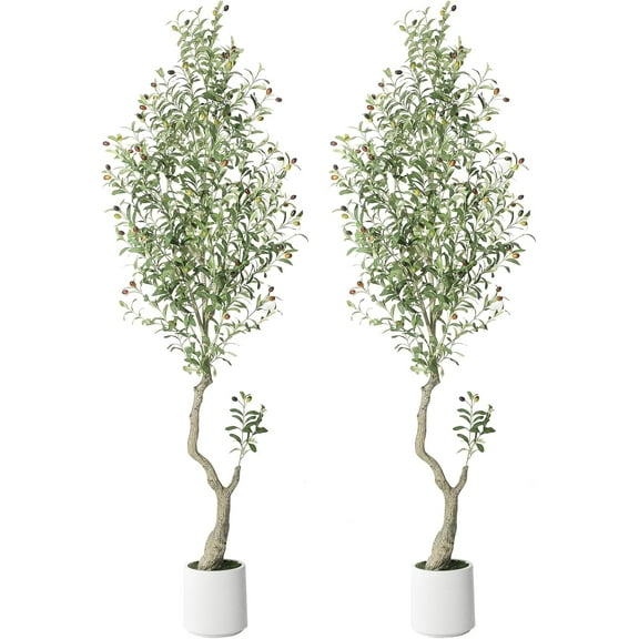 Garvee 7FT Artificial Olive Tree with White Planter & Green Faux Moss – Tall Faux Olive Plant for Home, Office, Living Room & Entryway Decor, Set of 2
