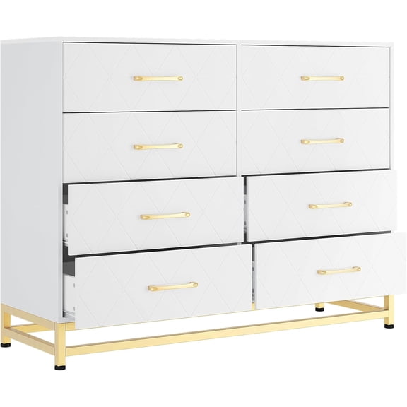 Garvee 8 Drawer Double Dresser for Bedroom, Wooden Chest of Dressers, Modern Wooden Dresser Chest with Golden Handles, Beside Table for Closet, Living Room and Entryway, White