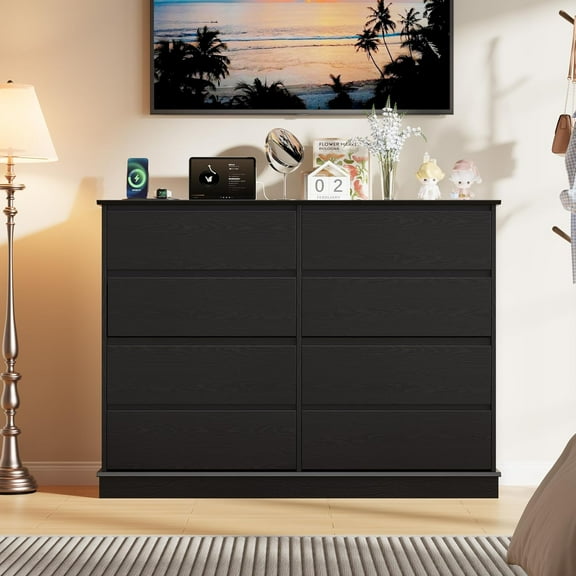 Garvee 8 Drawer Dresser for Bedroom, Wide Wooden Chest of Drawers with Spacious Storage, Modern Dresser for Closet, Hallway, and Living Room, Black