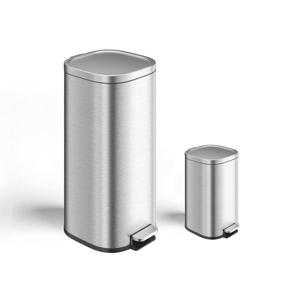 Garvee 8 Gallon and 1.6 Gallon Round Stainless Steel Step on Trash Can Combo Set for Kitchen, Silver