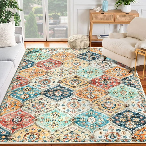 Garvee 8' x 10' Area Rug for Living Room Bedroom Floral Rug Moroccan Trellis Rug Vintage Persian Indoor Accent Rug Farmhouse Floor Carpet Rug, Orange