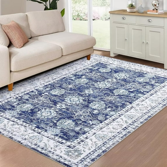 Garvee 8' x 10' Vintage Floral Area Rug Traditional Persian Machine Washable Rugs Non-Slip Low Pile Accent Rug Carpet for Bedroom Dorm, Navy Blue