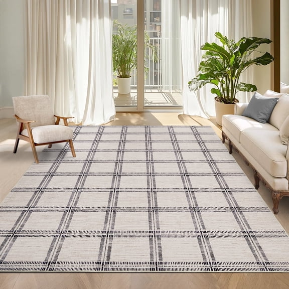 Garvee 8'x10' Area Rug Modern Striped Geometric Carpet, Washsble Plaid Rug Non Slip Stain Resistant Indoor Floor Mats for Living Room Bedroom Dining Room, Beige