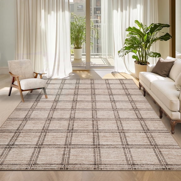 Garvee 8'x10' Area Rug Modern Striped Geometric Carpet, Washsble Plaid Rug Non Slip Stain Resistant Indoor Floor Mats for Living Room Bedroom Dining Room, Camel