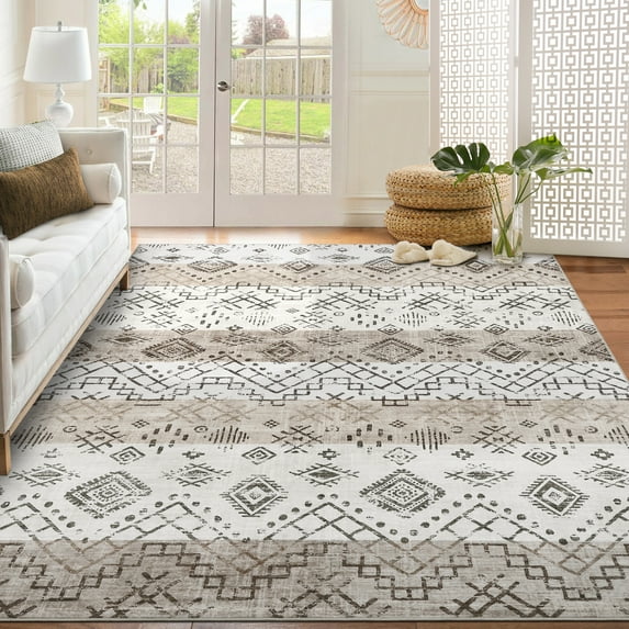 Garvee 8'x10' Area Rug Vintage Boho Geometric Rug Non Slip Non-Shedding Farmhouse Soft Foldable Accent Rugs for Dining Room Office, Beige Brown