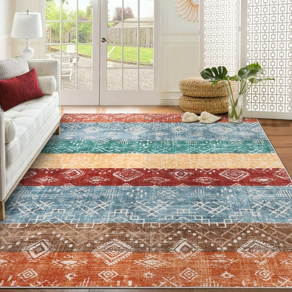 Garvee 8'x10' Area Rug Vintage Boho Geometric Rug Non Slip Non-Shedding Farmhouse Soft Foldable Accent Rugs for Dining Room Office, Red/Multi