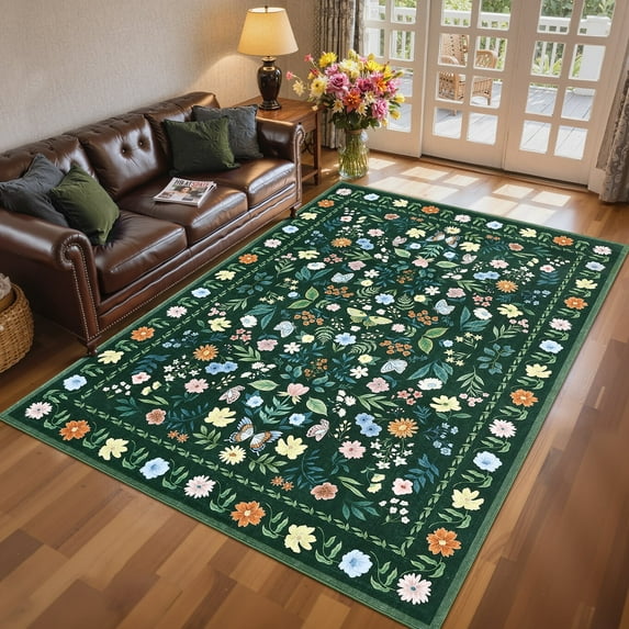 Garvee 8'x10' Area Rug Washable Floral Rug, Vintage Distressed Soft Carpet with Non Slip Backing for Living Room Bedroom Home Office, Green