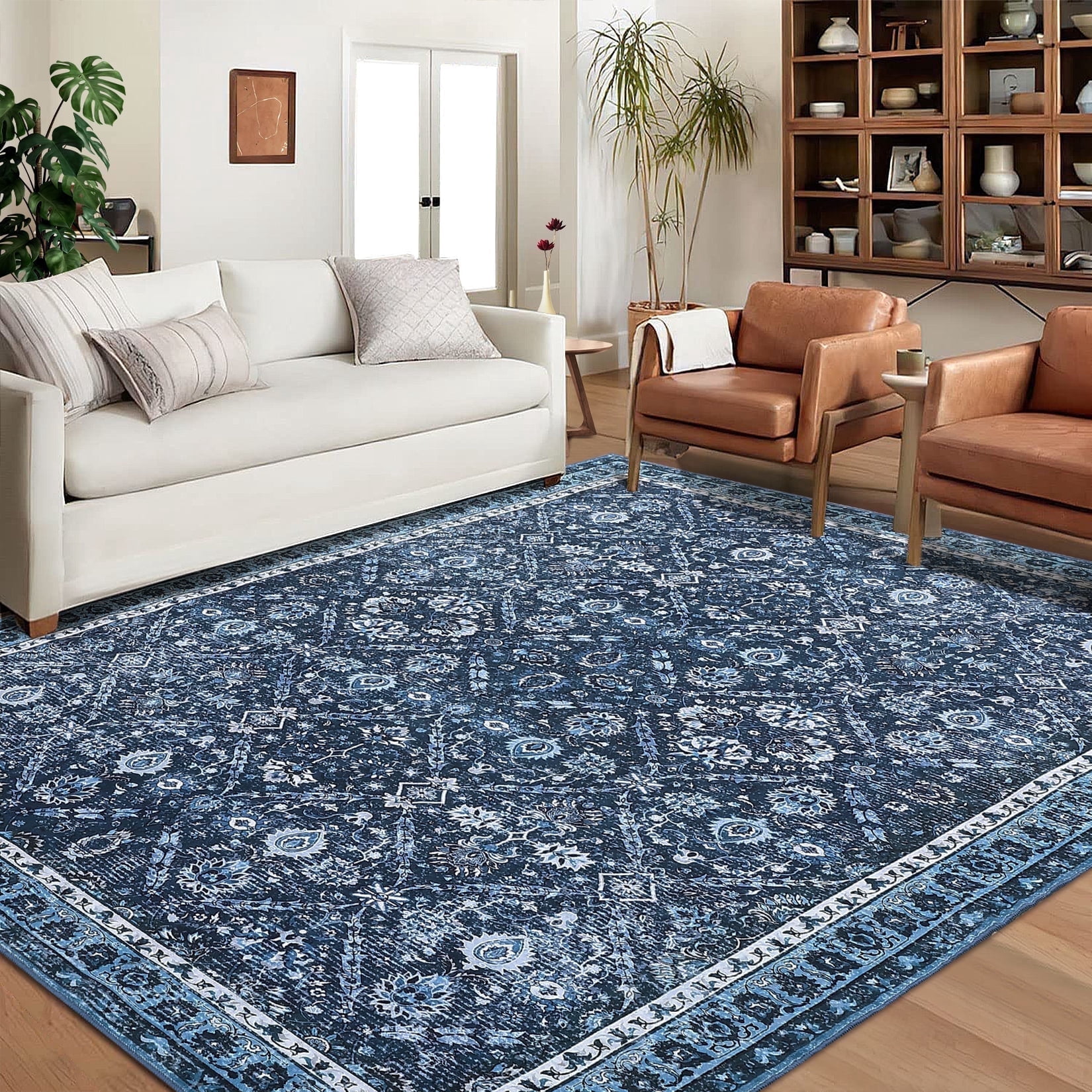 Garvee 8'x10' Area Rug, Washable Persian Rug Vintage Boho Carpet Non Slip Soft Print Rug for Bedroom Dining Room Living Room, Blue