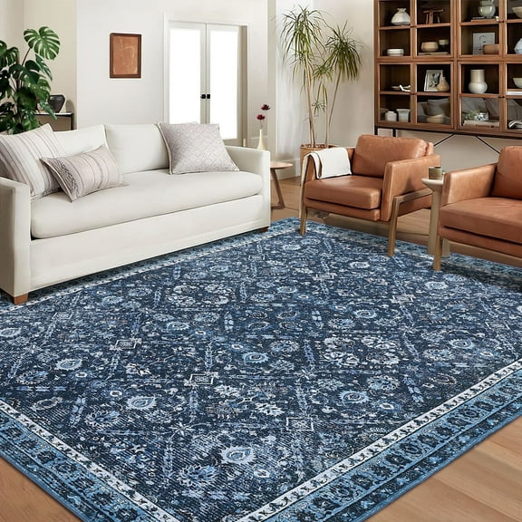 Garvee 8'x10' Area Rug, Washable Persian Rug Vintage Boho Carpet Non Slip Soft Print Rug for Bedroom Dining Room Living Room, Blue