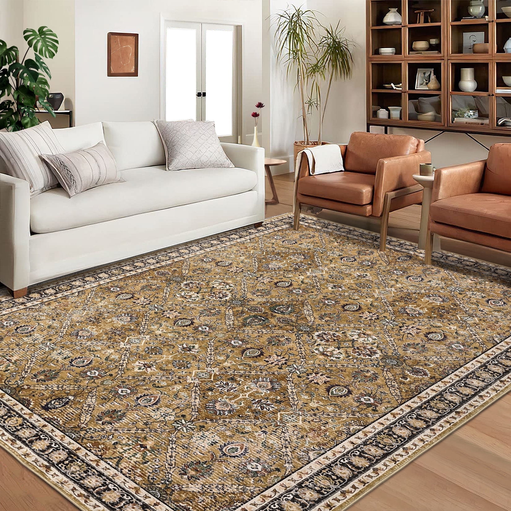 Garvee 8'x10' Area Rug, Washable Persian Rug Vintage Boho Carpet Non Slip Soft Print Rug for Bedroom Dining Room Living Room, Yellow