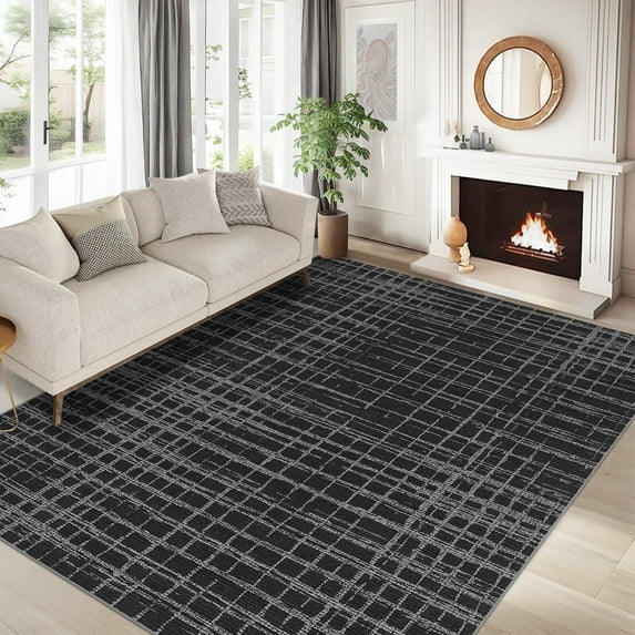 Garvee 8'x10' Solid Area Rug Washable Large Rug, Modern Abstract Printed Carpet Anti-Slip Backing Contemporary Stripes Rugs for Living Room Bedroom Home Office, Black