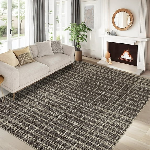 Garvee 8'x10' Solid Area Rug Washable Large Rug, Modern Abstract Printed Carpet Anti-Slip Backing Contemporary Stripes Rugs for Living Room Bedroom Home Office, Brown