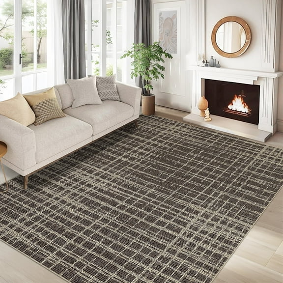 Garvee 8'x10' Solid Area Rug Washable Large Rug, Modern Abstract Printed Carpet Anti-Slip Backing Contemporary Stripes Rugs for Living Room Bedroom Home Office, Brown