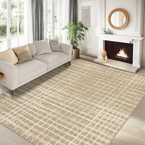 Garvee 8'x10' Solid Area Rug Washable Large Rug, Modern Abstract Printed Carpet Anti-Slip Backing Contemporary Stripes Rugs for Living Room Bedroom Home Office, Camel