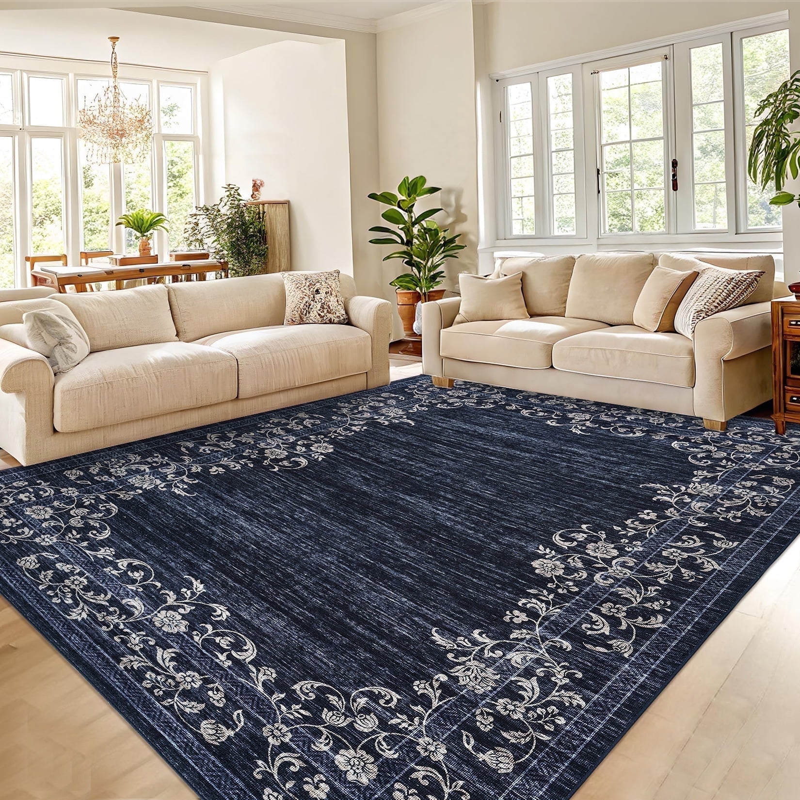 Garvee 8'x10' Area Rugs, Oriental Rug Floral Print Rugs Soft Washable Rugs for Living Room Bedroom Home Decor, Non-Slip Durable Carpet, Blue