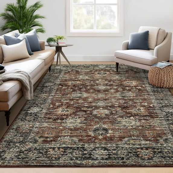 Garvee 8'x10' Area Rugs Vintage Persian Floral Rug, Non-Slip Backing Washable Rugs, Low Pile Distressed Indoor Carpet for Living Room Bedroom Home Office, Red