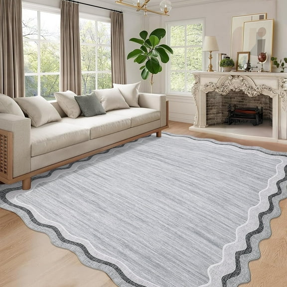Garvee 8'x10' Scalloped Area Rugs, Washable Rugs Modern Abstract Irregular Rug Print Carpet, Non-Slip Low Pile Distressed Indoor Rugs for Living Room Bedroom Dining Room, Gray