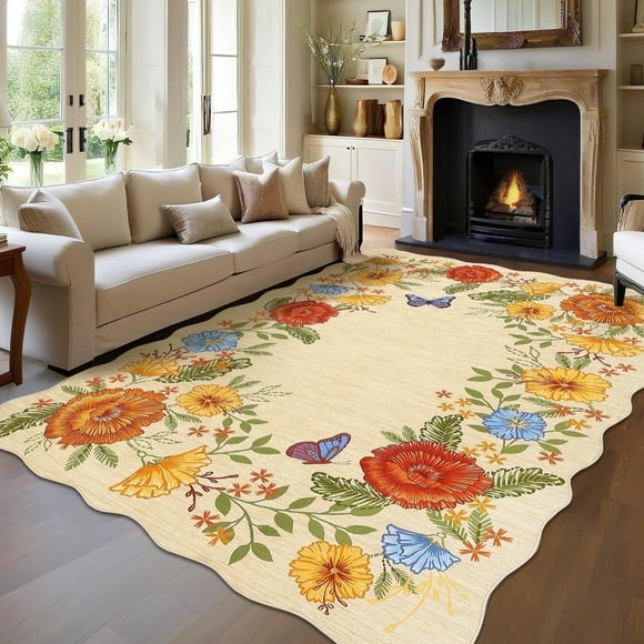 Garvee 8'x10' Floral Area Rugs, Washable Boho Rugs Ultra Soft Print Carpet, Non-Slip Low Pile Rug Stain Resistant Distressed Indoor Rugs for Living Room Bedroom Dining Room, Yellow