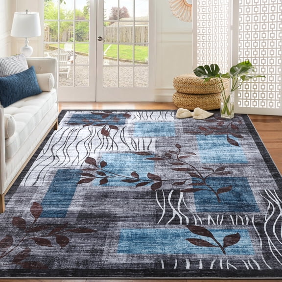 Garvee 8'x10' Area Rugs for Living Room Modern Geometric Rugs Leaves Pattern Low Pile Non-Slip Rug for Dining Room Home Office, Blue/Gray