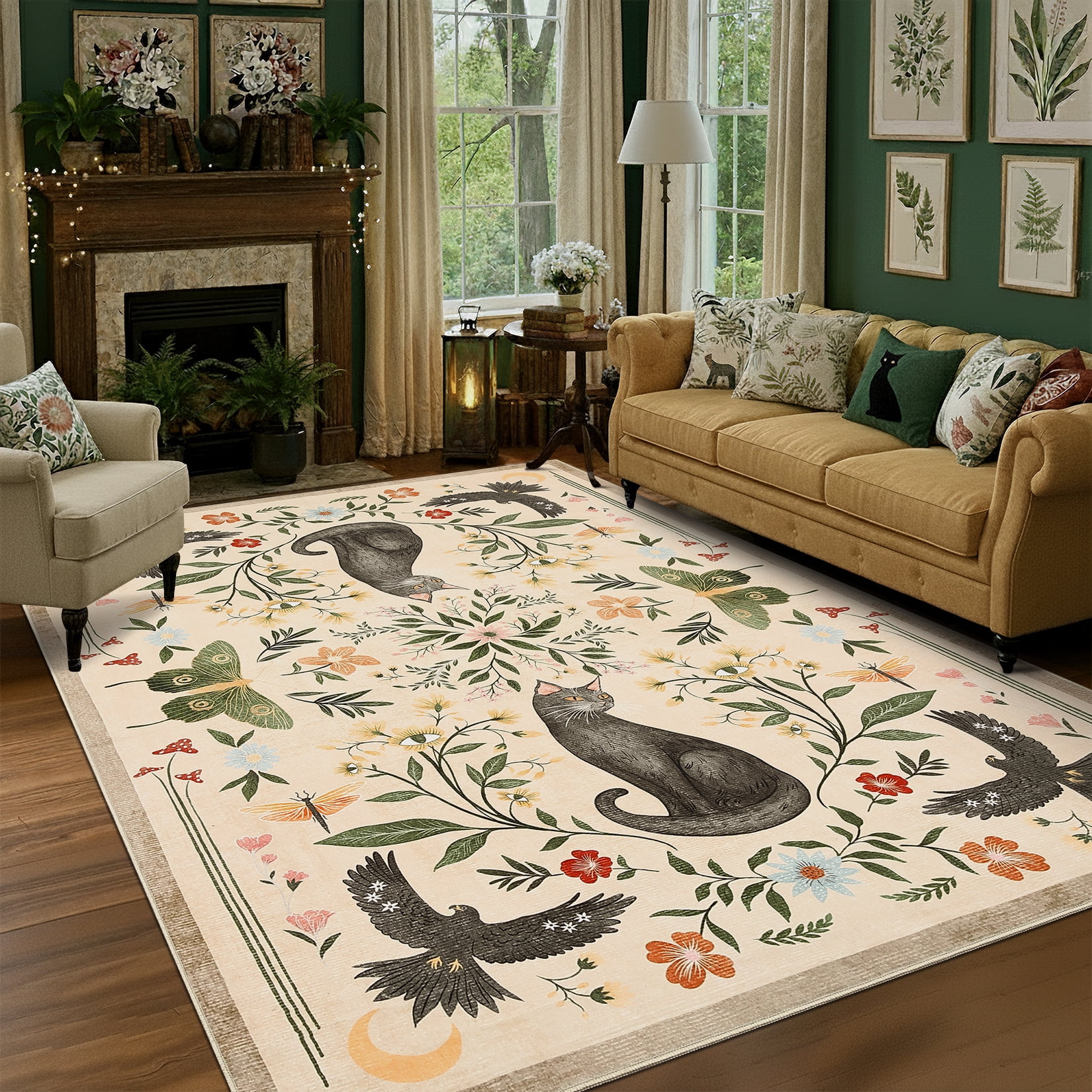 Garvee 8'x10' Boho Area Rug Cat Floral Pattern Carpet, Vintage Washable Rug Non-Slip Indoor Accent Carpet for Living Room Bedroom Home Office, Camel