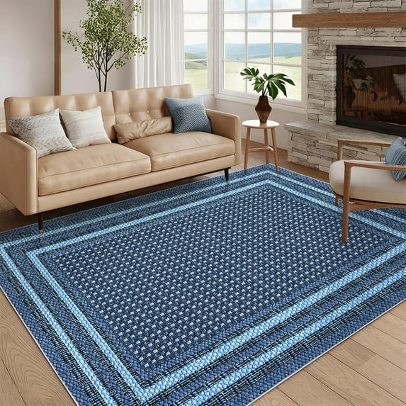 Garvee 8'x10' Bordered Print Area Rug Washable Rugs, Non Slip Modern Geometric Rug Stain Resistant Indoor Carpet for Living Room Bedroom Dining Room, Blue