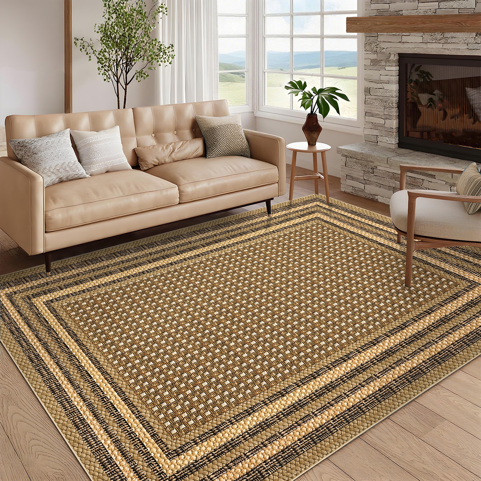 Garvee 8'x10' Bordered Print Area Rug Washable Rugs, Non Slip Modern Geometric Rug Stain Resistant Indoor Carpet for Living Room Bedroom Dining Room, Linen