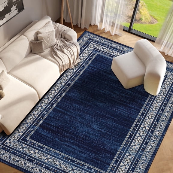 Garvee 8'x10' Bordered Rug Area Rug Contemporary Floral Washable Rugs Low Pile Non-Slip Rugs, Blue
