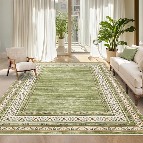 Garvee 8'x10' Bordered Rug Area Rug Contemporary Floral Washable Rugs Low Pile Non-Slip Rugs, Green