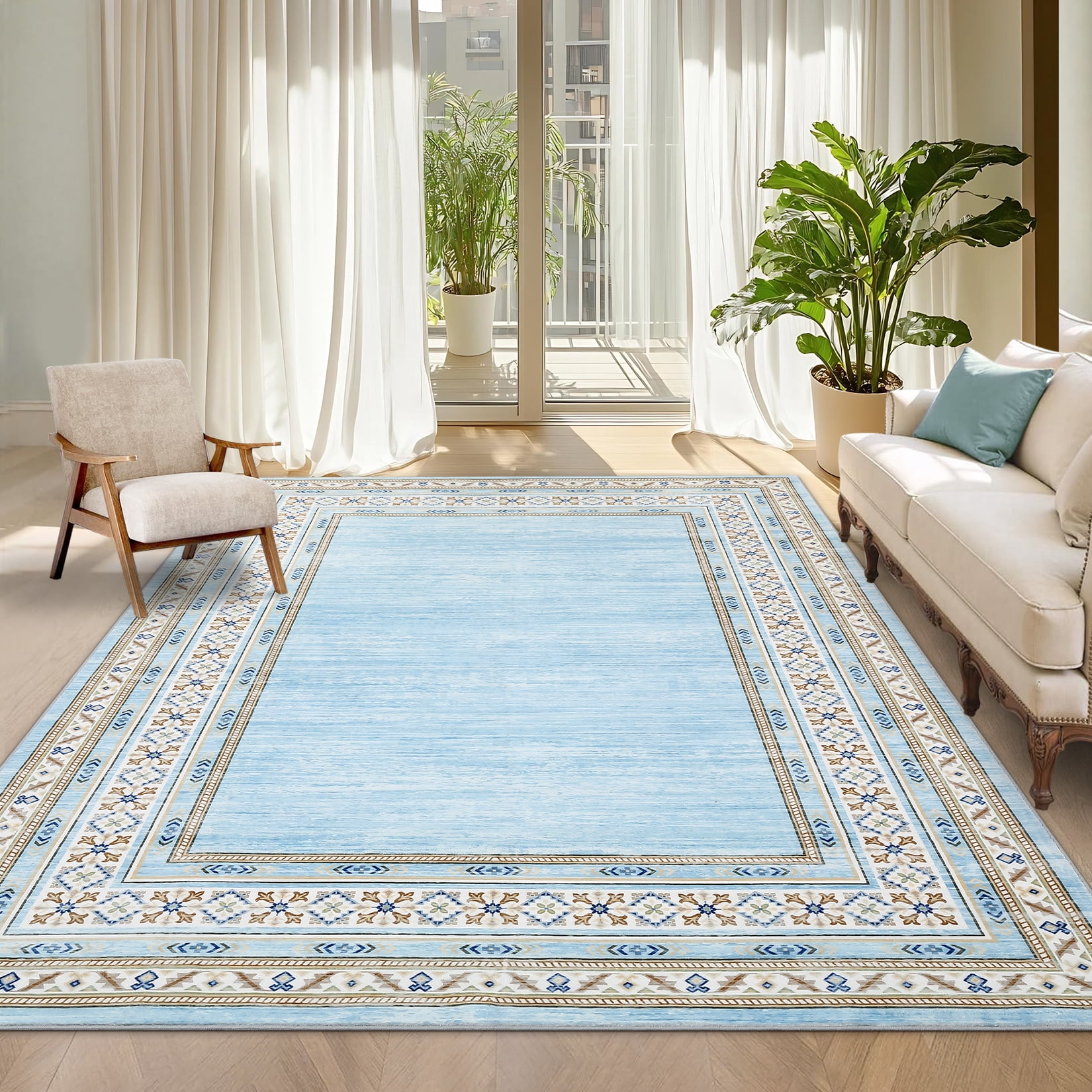 Garvee 8'x10' Bordered Rug Area Rug Contemporary Floral Washable Rugs Low Pile Non-Slip Rugs, Light Blue