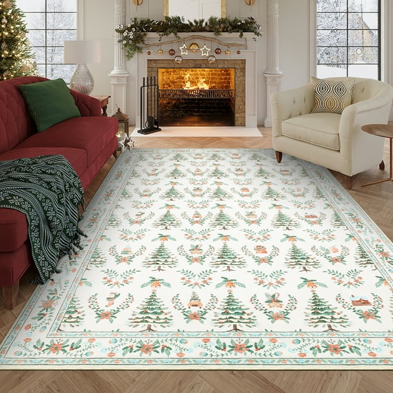 Garvee 8'x10' Christmas Area Rug Bordered Printed Rugs, Washable Xmas Rugs Non-Slip Stain Resistant Carpet Holiday Decorative Indoor Mats for Living Room Bedroom Home Office, Beige