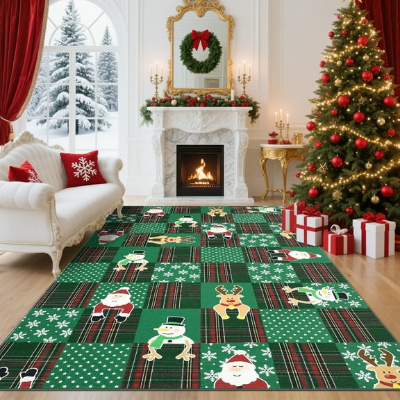 Garvee 8'x10' Christmas Area Rug Soft Santa Deer Snow Rugs, Washable Non Slip Rug Winter Holiday Carpet for Living Room Bedroom Playroom, Green