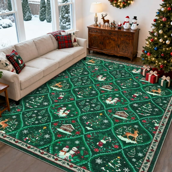 Garvee 8'x10' Christmas Rugs Decorative Xmas Carpet, Washable Rug Christmas Tree Accent Indoor Mats with Non-Slip Backing for Living Room Bedroom Office, Green