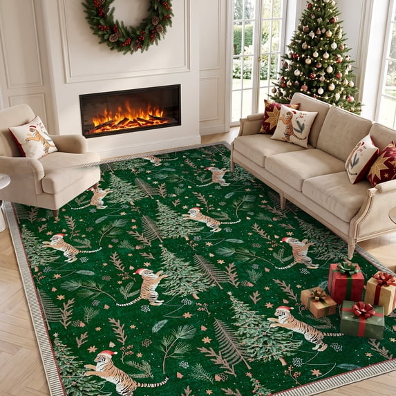 Garvee 8'x10' Christmas Tiger Area Rug Winter Pine Tree Pattern Non ...