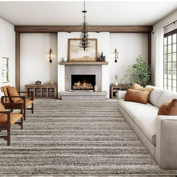 Garvee 8'x10' Extra Large Rugs for Living Room Modern Braided Print Rug Farmhouse Non Slip Low Pile Foldable Accent Rug, Grey/Camel