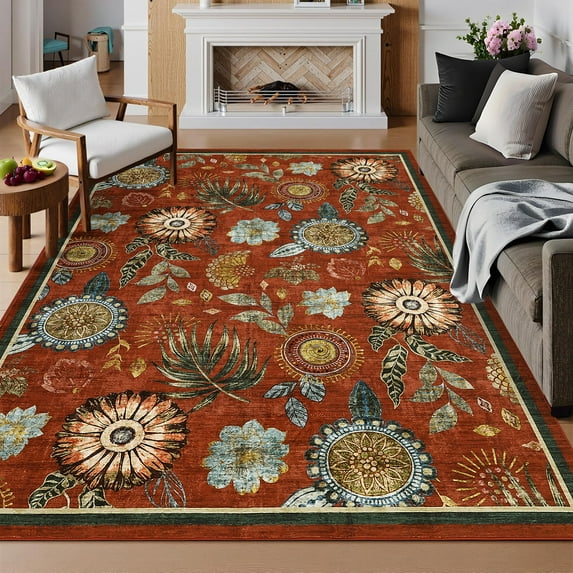 Garvee 8'x10' Farmhouse Floral Rug Botanical Printed Carpet with Non Slip Backing, Soft Washable Low Pile Rug Indoor Foldable Mats for Living Room Bedroom Dining Room, Red
