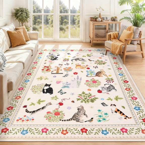 Garvee 8'x10' Floral Area Rug Animal Cat Carpet, Washable Boho Rugs Non Slip Low Pile Soft Indoor Floor Mat for Living Room Bedroom Dining Room, Beige