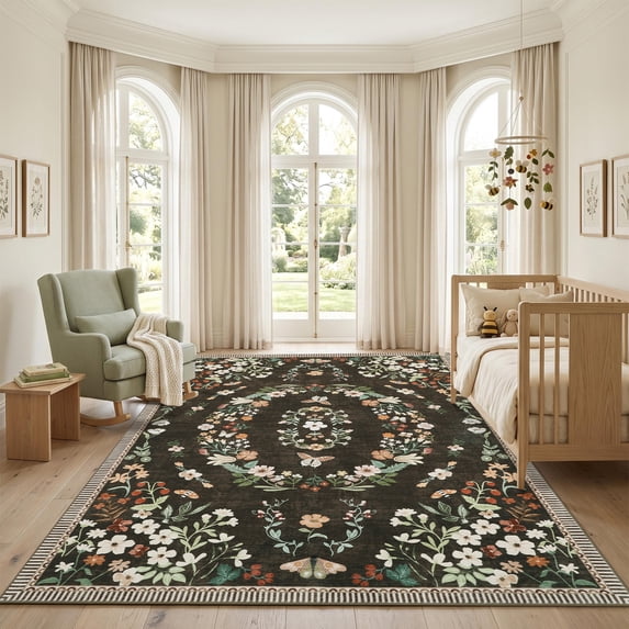 Garvee 8'x10' Floral Area Rug Vintage Botanical Butterfly Carpet, Washable Non-Slip Low Pile Rug for Living Room Bedroom Dining Room Home Decor, Brown