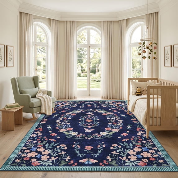 Garvee 8'x10' Floral Area Rug Vintage Botanical Butterfly Carpet, Washable Non-Slip Low Pile Rug for Living Room Bedroom Dining Room Home Decor, Dark Blue