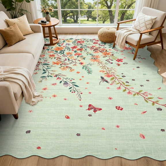 Garvee 8'x10' Floral Area Rugs Botanical Scalloped Rug, Non Slip Washable Rug Soft Butterfly Rug Low Pile Carpet for Living Room Bedroom Dining Room, Green