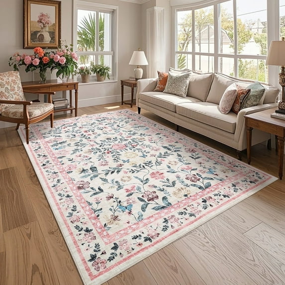 Garvee 8'x10' Living Room Rug Floral Print Area Rug, Washable Vintage Rug Low Pile Farmhouse Carpet Stain Resistant Indoor Rugs for Dining Room Bedroom Nursery, Pink