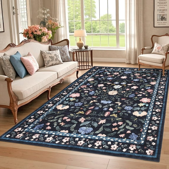 Garvee 8'x10' Floral Print Area Rugs, Washable Vintage Rug Low Pile Farmhouse Carpet Stain Resistant Distressed Indoor Rugs for Living Room Bedroom Home Decor, Dark Gray Blue