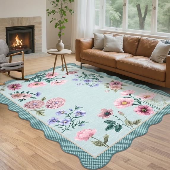 Garvee 8'x10' Floral Area Rug Botanical Scalloped Rugs for Living Room, Washable Rug Non Slip Carpet for Bedroom Dining Room Home Decor, Light Blue
